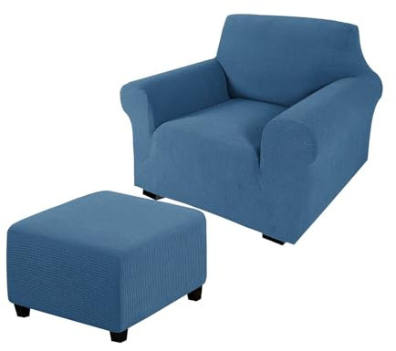 JHLD Sesselbezug Mit Ottomane Schonbezug, Stretch Sofabezug Mit Ottomane Bezug Abnehmbare Waschbar Sesselbezug Anti-rutsch Sofa Überwürfe-blau-2 Stück