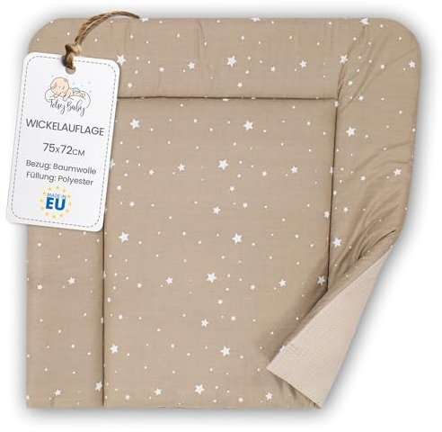 Wickelauflage Wickelunterlage aus Baumwolle 75x72 cm - Weich und waschbar Wickelunterlage für Babys Wickelmatte aus Stoff für Wickeltisch Wickelkommode oder Waschmaschine 75 x72 Beige mit Weiß Sternen