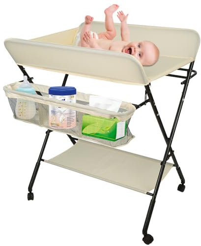 Baby Wickelkombi - klappbare Wickelkommode, mobiler Wickeltisch mit Wickelauflage, Sicherheitsgurt und Ablagefächern, platzsparend & stabil 80 * 66 * 98cm (Beige)