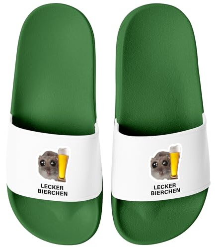 MoonWorks® Badeschlappen Herren Damen Unisex mit Spruch Lecker Bierchen Schlappen Hamster Meme Badelatschen Party Urlaub Gruen-weiss 43