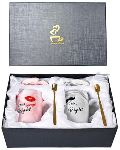 Zylota Cadeaux pour femme - Lot de 2 tasses à café Mr Right Mrs Always Right- En céramique - Pour couple de mariés, Saint-Valentin, mariage, fiançailles, douche nuptiale