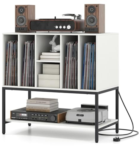 GOPLUS Plattenspielerständer, Plattenspielertisch mit Ladestation & offenes Regale, Vinyl-Schallplattenschrank für bis zu 150+ Alben, Aufbewahrungsschrank für Wohnzimmer, Büro & Musikzimmer (Weiß)