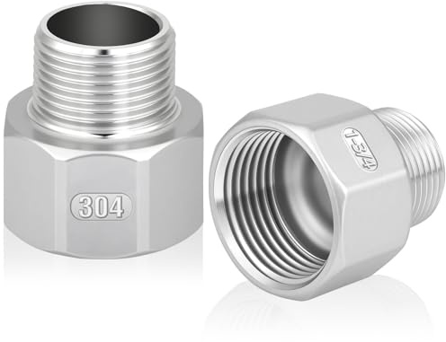 flintronic 1 Female to 3/4 Male BSP Thread Stainless Steel Hex Bushing Reducing Connector, 3/4 Inch Male to 1 Inch Female Reducer Adapter for Gas, Water, Pipe Connecting Conversion (2PCS)