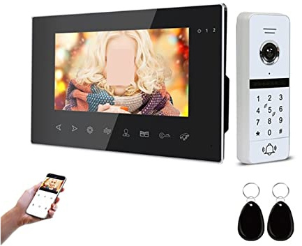 SEVEQIS Sonnette vidéo, Système d'interphone vidéo sans Fil for Maison Villa Appartement avec Mot de Passe contrôle d'accès interphone résidentiel(Black White)