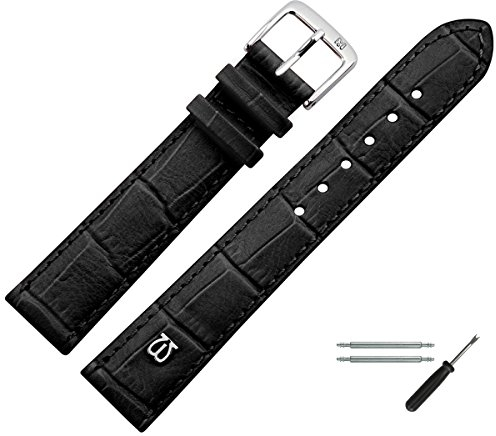 MARBURGER Uhrenarmband 16mm Leder Schwarz Silber Alligator Prägung Mit Naht - Montage Set 5281610000120