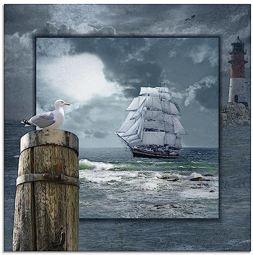 ARTland Wanddeko Glasbilder Wandbild Glas Bild einteilig Maritime Deko Collage Segelschiff Leuchtturm Meer Wellen Poller Möwe T6DA