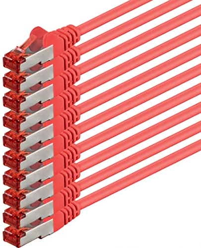 1aTTack.de - 10x 1m cavo patch CAT6 S/FTP schermatura PIMF CAT.6 cavo di rete RJ45 cavo Ethernet DSL router LAN switch modem pannello patch - rosso - 10 pezzi