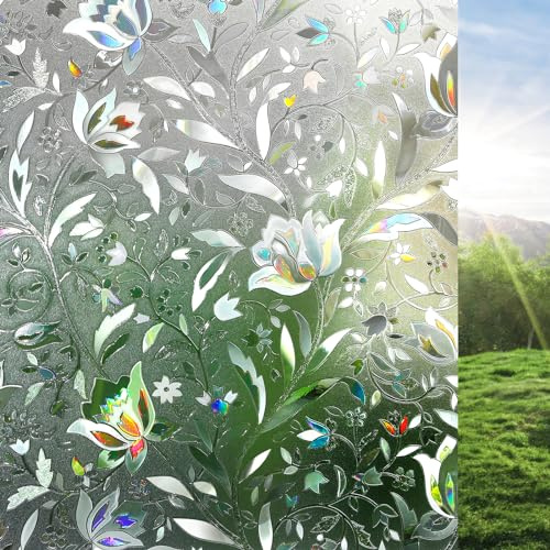 rabbitgoo Window Privacy Film, Decorative Stained Glass Window Film, Sun Blocking Glass Clings, Renter-Friendly Static Cling Frosted Sticker Covering for Home Door, Rainbow Tulip 17.5 x 78.7
