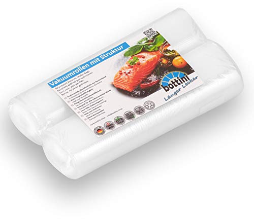 2 x BOTTINI Vakuumrollen mit Struktur 20cm breit 6m lang goffriert Sous Vide Folien in Profiqualität mit Siegelrand und Struktur Vakuumbeutel für alle Vakuumierer