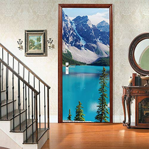 UFHFPF Stickers Porte Paysage De Lac De Montagne De Neige 77X200Cm 3D Trompe L'Oeil Autocollant De Porte Wall Mural Poster De Porte Amovible Adhésif Papier Peint Salon Chambre Salle De Bain Décoration