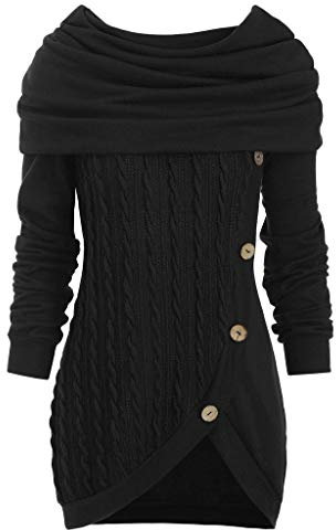 Damen große Einfarbige Nähte Knopf Kragen mit Kapuze unregelmäßig gestrickter Pullover mit Herbstmode Longpullover Foldover Kragen Tunika Shirt Loose Sweatshirt Long Top Oberteile Langarmshirt