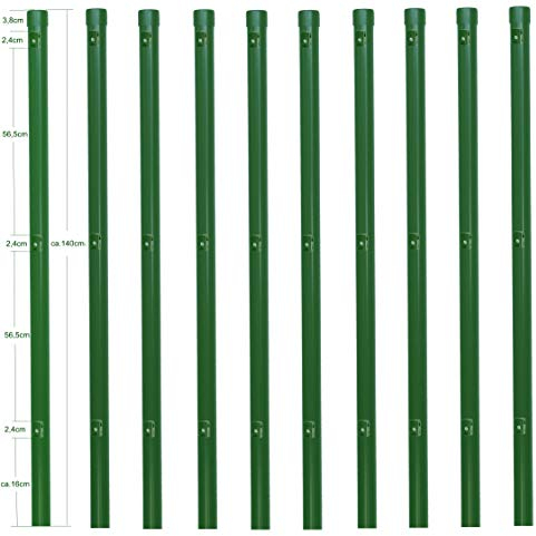 10 Stück Zaunpfosten Ø 34 mm für 1,2 Meter hohe Metallzaun Anlage in grün aus Maschendraht. Pfosten Zaun Pfahl mit Kappe und 3 montierte Spanndrahthalter.