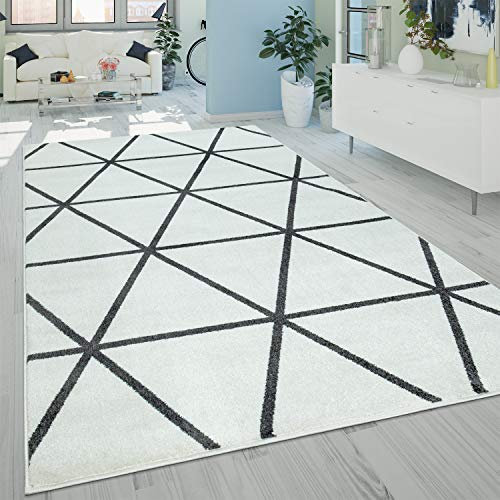 Paco Home Wohnzimmer-Teppich, Kurzflor-Teppich Im Skand-Stil Mit Rauten-Muster, In Weiß, Grösse:140x200 cm