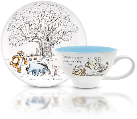 Silver Buffalo Disney's Winnie The Pooh Walking Classic Scene 12oz Ceramic Teacup and Saucer, White/Multi (WTP5043N)