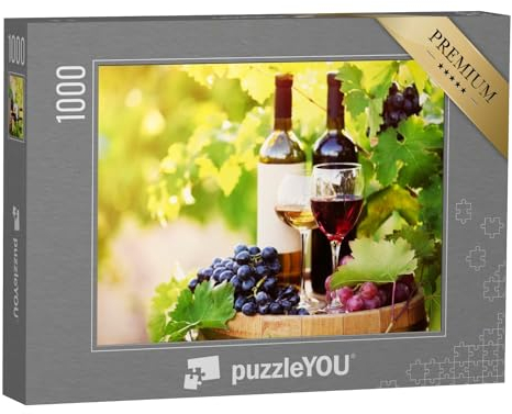 puzzleYOU: Puzzle 1000 Teile „Leckerer Wein auf einem Holzfass auf einem Weinberg“ – aus der Puzzle-Kollektion Wein