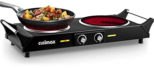 CUSIMAX Electric Hob, Hot Plates for cooking Portable Double Hob with Handles Infrared Cooktop & Dual Temperature Control, 2 Hob Rings (900W & 1200W) Easy to Clean, Black Stainless Steel