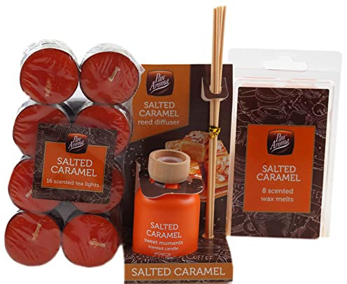 Pan Aroma Salted Caramel Fragrance Diffuser, Melts, Incense, Candles 3 Piece Gift Set