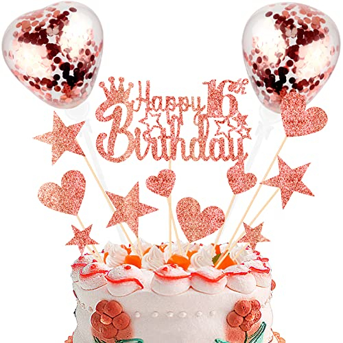 DKBT Tortendeko 16th Roségold Kuchen deko Glitzer Happy Birthday Cake Topper Kuchendeko Geburtstagstorte für Geburtstagsfeier Jubiläum