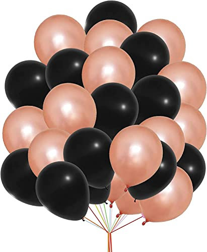 creative balloons 12 inch Balloons Plain Black Chrome Rose Gold Balloons 2 Color Combination Balloon Set For Birthday Festival Wedding Engagement Party Balloon Decoration Pack of 30