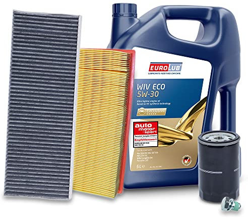 ATEC Germany Inspektionspaket Filterset mit 1x Ölfilter; 1x Luftfilter; 1x Innenraumfilter (Aktivkohle); 1x Ölablassschraube; 1x Motoröl 5W-30 WIV ECO SAE 5l, KOMPATIBEL MIT - AUDI A4 B5, VW PASSAT B5