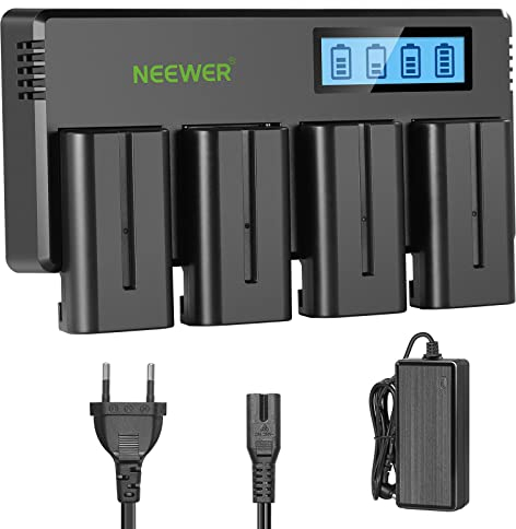 NEEWER 4er Packung 7,4V 2600mAh NP-F550 Ersatzbatterien mit 4 Kanal Akkuladegerät und Netzteil, Ersatzakku kompatibel mit NP-F550/750/770/970 FM500H QM71D QM91D, Feldmonitor, Videoleuchte
