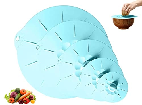 Hitopin 5PCS Tapas de Silicona Elásticas Reutilizables - 5 Tamaños, Tapa de Ventosa Para Tazón, Microondas, Horno o Refrigerador (Azul)