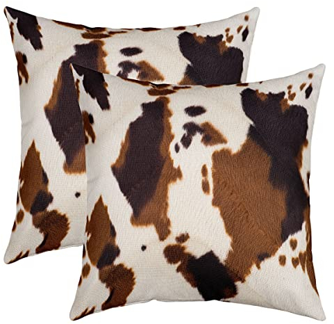 Kuh Pelz Gedruckt Kissenbezüge 45x45cm 2er Set Kissenbezüge Weiches Rindsleder Kissenbezug Kissenhülle Western Bauernhof Tier Haut Braun Sofakissen Couchkissen für Sofa Couch Bett Auto