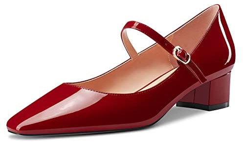 Aachcol Donna Pumps Mary Jane Quadrata Punta Cinturino alla Caviglia Chunky Blocco Basso Tacco Heel Dress Scarpe Feste da Matrimonio Verniciata Borgogna Rosso 3.5 CM 39 EU