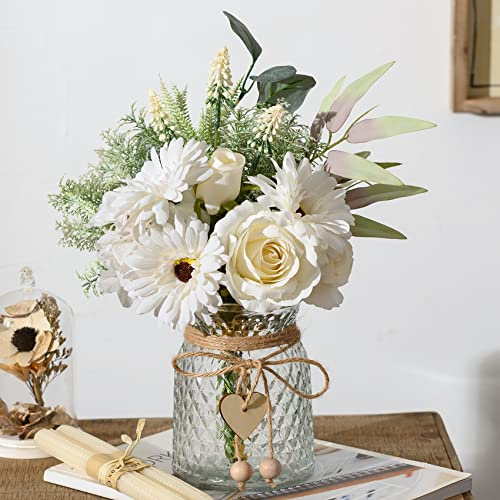 COZZI CODI Flores blancas artificiales con jarrón, arreglo de flores falsas para decoración del hogar, flores artificiales para decoración de mesa de centro de mesa de centro de mesa de casa de campo,