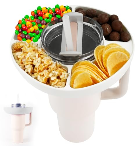 PEUTIER Snack Tray for Stanley H2.0 30oz Tumbler, Reusable Snack Bowl Storage Top Ring Candy Nuts Platter Containers with 4 Compartments for Food Topper Cup Holder for Stanley Cup Accessories (White)