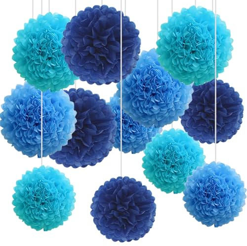 12pcs Blue Tissue Paper Pompoms,Hanging Paper Pom Poms for Party Deco