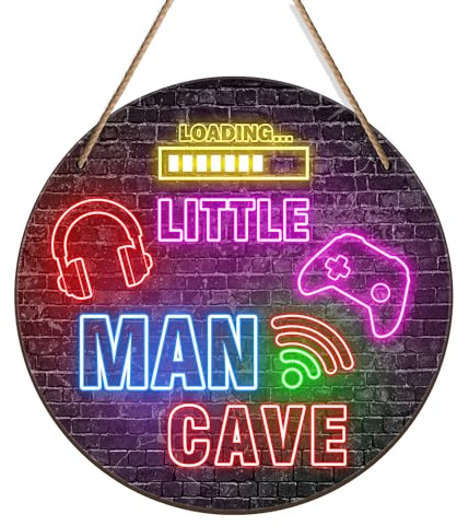 Little Man Cave Sign, Boys Teenage Room Hanging Wall Art Decoration, Christmas Birthday Gift for Son Kid, Playroom Nursery Decor for Game Lover Gamer Wall Decor 12″x 12″