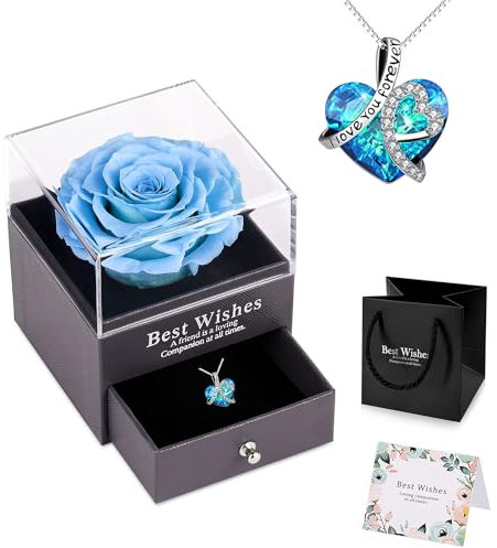 NEWUPZSI Rosa Stabilizzata Vera, Romantico Rosa Eterna, Blue Fiori Box Con Collana per Moglie, Mamma San Valentino Festa Della Mamma Anniversario Matrimonio per Lei