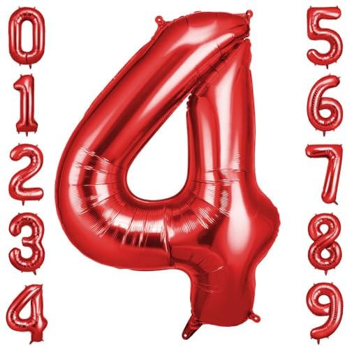 OFFCUP Zahlen Luftballon Rot, Folienballon Zahl 4, 40 Zoll Helium Ballons Geburtstagsdeko Mädchen Junge Kindergeburtstag Party Deko Ballon Zahl Deko zum Geburtstag Silvester Deko Neujahr Deko
