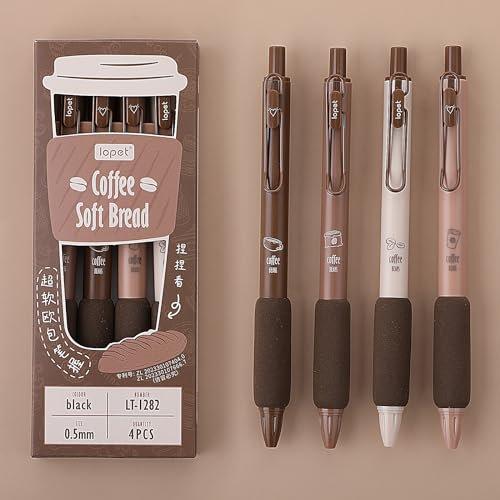 Mabor 4er-Set Coffee Pens, Niedliche Retractable Gel-Pens mit schneller Trocknung, Feiner 0.5mm Punkt, Schwarze Tinte, Bequem zum Schreiben, für Jungen und Mädchen, Schul- und Bürobedarf
