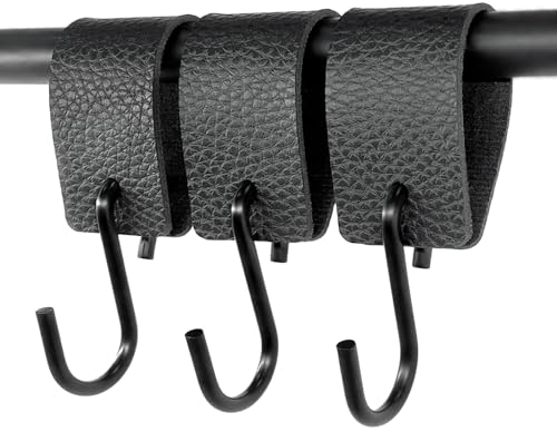 Alethron S Haken Schwarz mit Lederschlaufe 3 Stück Hangers Kleiderhaken Metallhaken Haken für Kleiderstange Stange Garderobenhaken Garderobenknöpfe Küche Badezimmer Schwarz