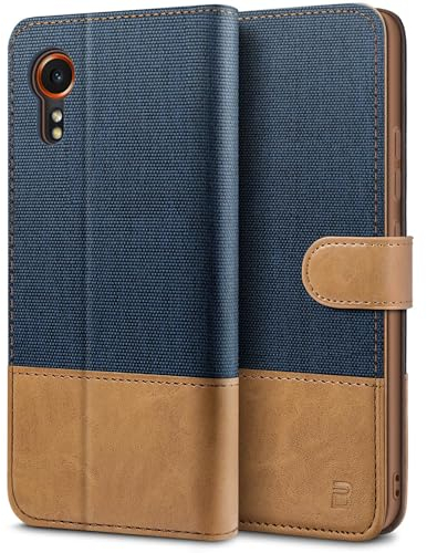 BEZ Case for Xcover 7 Case, Phone Case Compatible with Samsung Galaxy Xcover 7, Flip Wallet Cover [Canvas Faux Leather] with Credit Card Holders, Kick Stand, Magnetic Strap Closure, Blue Navy