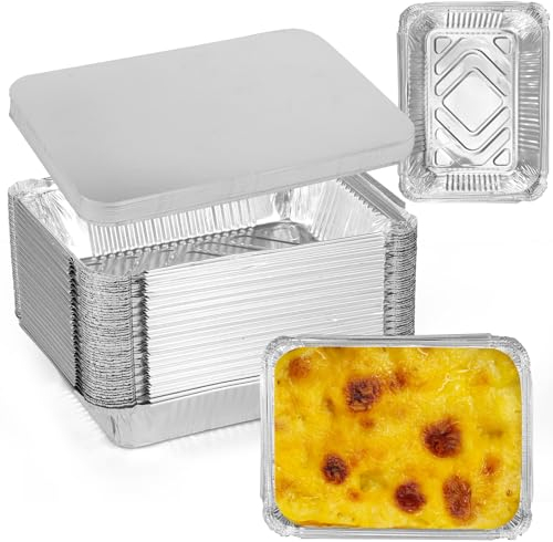 50 contenitori in alluminio con coperchio, 100 ml, in alluminio, antiaderenti, 22 x 16 x 5 cm, per friggitrice ad aria, forno e cottura