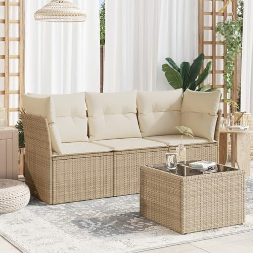 ULUYYUC 4-TLG. Garten-Sofagarnitur, Polsterbank Küchensofa Gartenmöbel Set Gartenstühle Geeignet für Garten Balkon Außenbereich Hinterhof mit Kissen Beige Poly Rattan