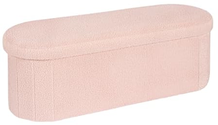 Bonlife Folding Ottoman Storage Bench,Boucle Footstool Oval, End of Bed Stool, Ideal for Living Room, Bedroom, 100L Storage Space,Pink