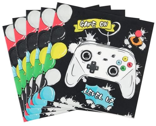 WERNNSAI 50PCS Game On Napkins - Video Game Birthday Party Decoration 3-Ply Level Up Paper Napkins Black Gaming Table Napkins for Boys Gamer Lover Birthday Party Supplies
