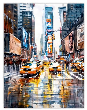Artery8 Times Square Taxis Billboards Watercolour Iconic Living Room Unframed Wall Art Print Poster Home Decor Premium