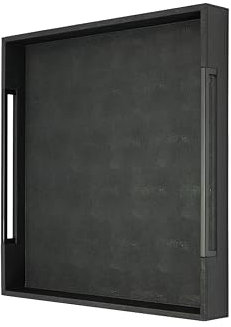 Sagala Extra Large 20 Square Shagreen Leather Ottoman Tray with Black Handles, Faux Leather Decorative Serving Tray for Coffee Table Ottoman Kitchen Island (Black-Black, Square 20)