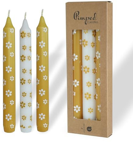 COMFORDER Stabkerzen Set bedruckt, 3x Tafelkerzen mit Motiven – kleine Blumen, 20cm, 7 Stunden Brenndauer (Gelb + Weiß)