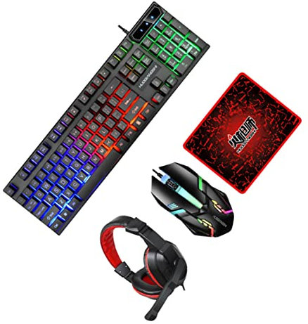 Artibetter 1set Tastiera Retroilluminata Mouse Cuffie e Tappetino Antiscivolo Per Gaming Tasti Colori Led Design Ergonomico Per Ufficio e Gioco