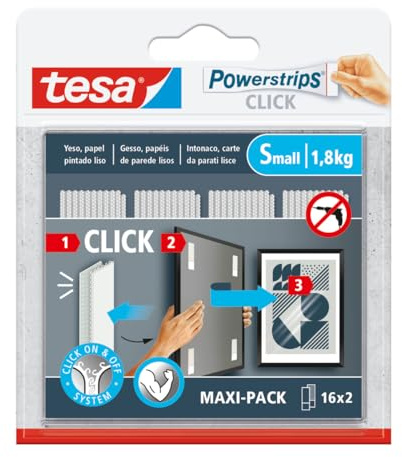tesa Powerstrips CLICK Small - Fino a 1,8 kg - 16 x 2 | Cuscinetti Adesivi a Strappo per Fissare e Rimuovere Cornici e Decorazioni da Parete senza Forare - Sistema a Scatto ON e OFF