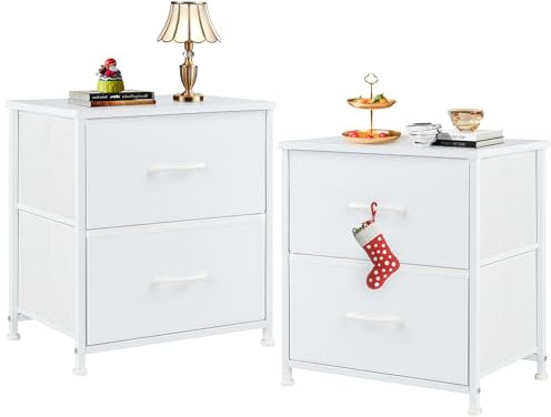 Sweetcrispy Nachttisch 2er Set, Nachttisch Beistelltisch, Stoff Schubladenschrank, Schmal Schrank, Kommode Schlafzimmer, Industrial Stil für Wohnzimmer, Kinderzimmer, Flur Aufbewahrungsschrank, weiß