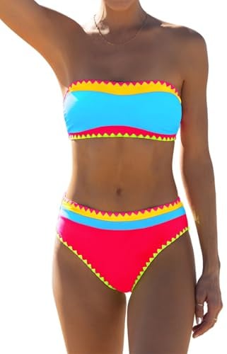 popvil Women's Neon Color Block Bandeau Swimsuits Strapless Bikini Sets Two Piece Bathing Suits