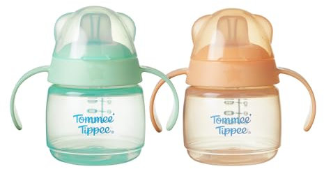 Tommee Tippee Transition Spout Cup, 150ml, Spill-Free Toddler Transition Cup for 4 Months+, with a Natural Feel Bite-Resistant Spout, Green and Orange, 2 pack