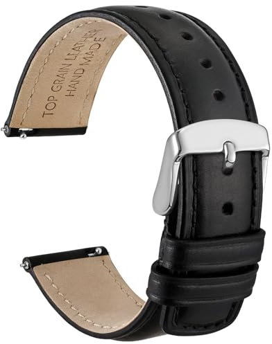 WOCCI 18mm Uhrenarmband für Herren und Damen, Echtes Leder - Top Genarbtes Leder, Schnellverschluss, Silberne Schnalle (Schwarz)